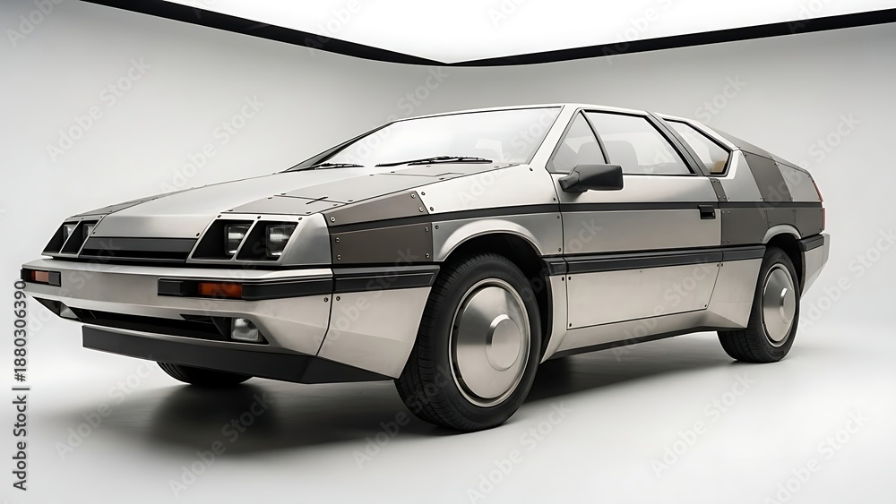 Obraz premium A silver concept car, showcased in a studio setting with a clean white background and soft lighting from above.