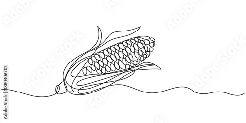 Maize ear in continuous line art drawing style. Corn cob black linear sketch isolated on white background, one line Art icon drawing. Continuous one line drawing of a fresh corn cob with husks.