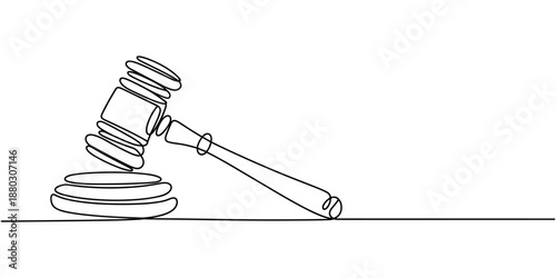 Self drawing line  judge hammer continuous line drawn concept, Placed lying on a wooden cushion, Continuous one line drawing of Law judge hammer Illustration, isolated on transparent background.