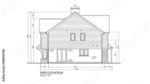 Detailed side elevation architectural drawing of a modern house
