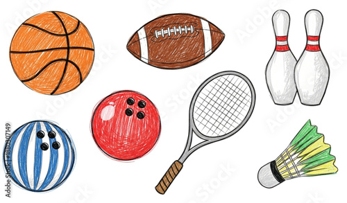 Playful kids sports doodle vector set with chalk and crayon texture