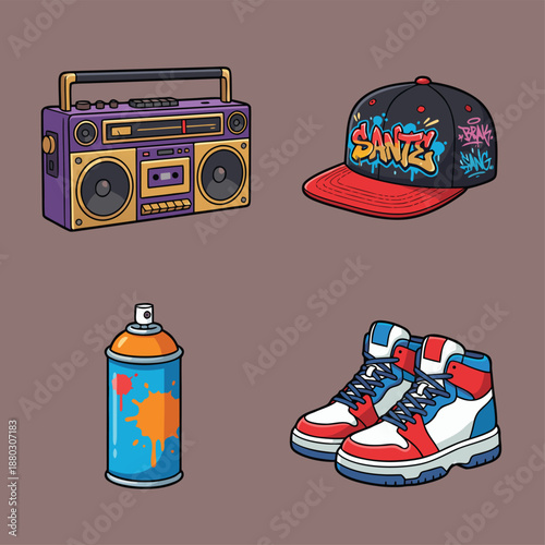 Retro 80s and 90s Hip Hop Culture Elements Collection.