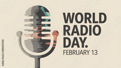 World Radio Day poster design with vintage microphone illustration, global broadcasting concept. February 13 international media awareness background.