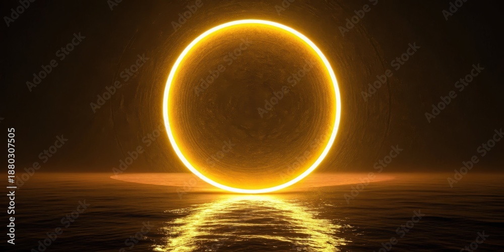 Obraz premium A glowing yellow circle reflected on a dark water surface under a dark background