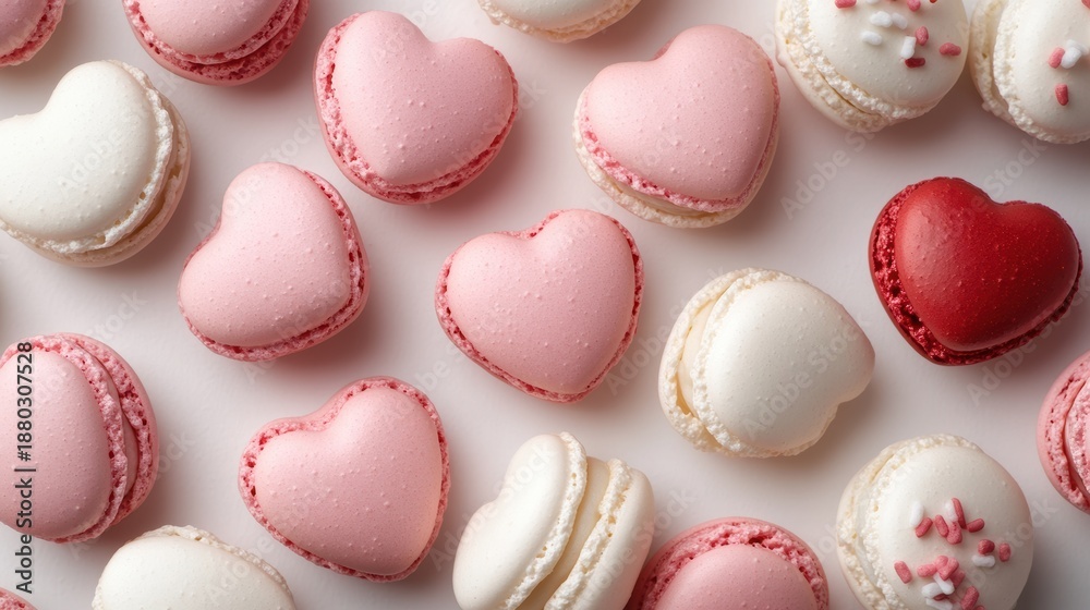 Fototapeta premium Macarons in heart shape in gift box isolated on pink background,events,aniversary festival gift set,french macaron cookies,trendy 2026,couple valentine Romantic love or pastry shop.