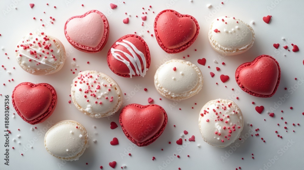 Fototapeta premium Macarons in heart shape in gift box isolated on pink background,events,aniversary festival gift set,french macaron cookies,trendy 2026,couple valentine Romantic love or pastry shop.