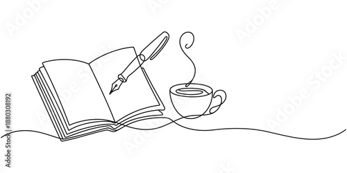 Single continuous line drawing of hand gesture writing on an open book beside a cup of coffee at work desk. Writing draft business concept. Modern one line draw design vector graphic illustration