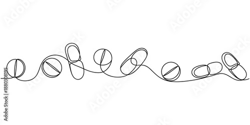Continuous one line drawing of tablets and capsules pharmaceutical drugs, medical supplies, Single line drawing medicine pill icon. one line Icon drawing with white background