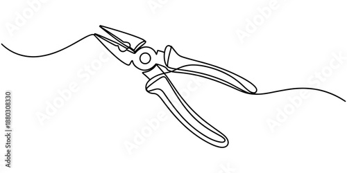 Pliers continuous one line drawing outline vector illustration, Vector abstract continuous one single simple line drawing icon of cutting plier in silhouette sketch, line art pliers vector