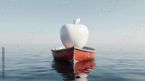 3D surreal concept of a white apple on a red boat above the ocean