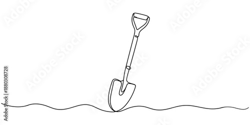 Continuous line drawing of a shovel stuck into the ground. One line drawing in a minimalist style, suitable for themes of gardening, construction work, outdoor tools, and manual labor.