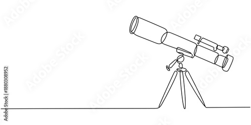 Continuous one line drawing of telescope. One line drawing illustration of telescope. World space day concept singe line. Editable outline, Continuous single one line sketch drawing of telescope outer