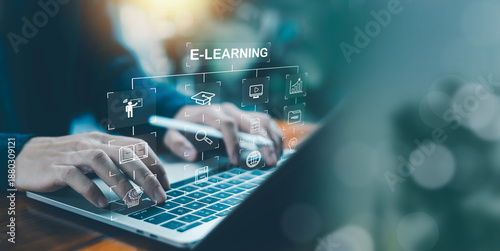 Obraz na płótnie Hands using laptop with e-learning system interface showing online courses, digi