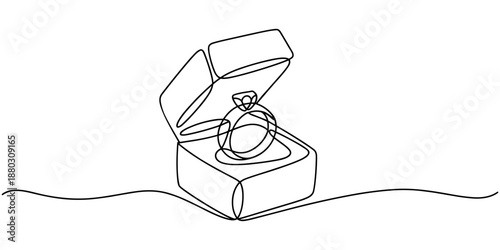 Continuous one line drawing of engagement or wedding ring in the gift box. Editable line vector, Diamond engagement ring in open jewelery box continuous one line drawing vector illustration