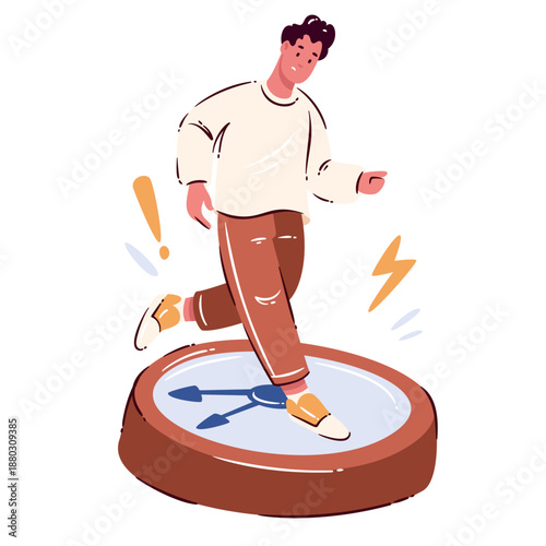 Time management stress illustration with man stepping on clock, imbalance pose, deadline pressure, anxiety moment, work overload symbol, modern daily life concept. Cartoon vector illustration.