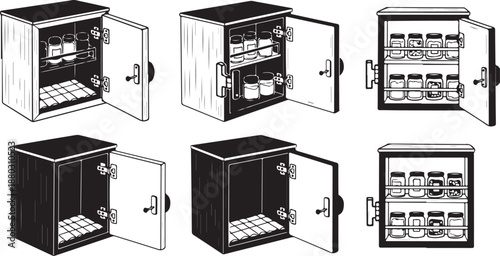 Various open and closed safe boxes with shelves inside
