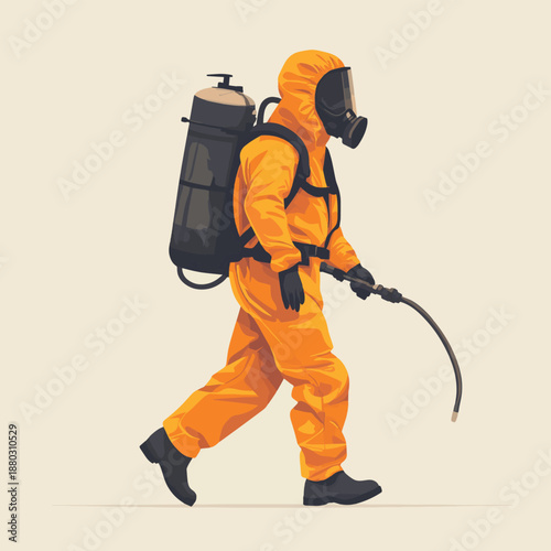 Minimal flat vector of safety worker in orange protective suit and black gas mask walking forward with portable gas cylinder and curved spray wand extended