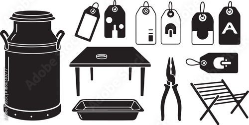 Black and white illustration of various camping equipment items