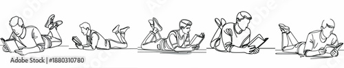 line art of a man lying on the floor reading a book