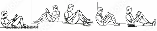 line art of a man relaxing on the floor reading a book