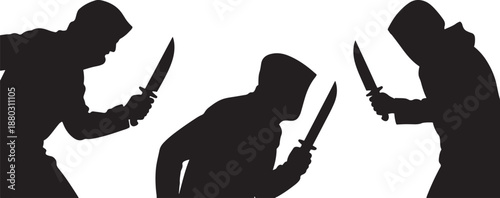 Hoodie holding knife attacking someone various silhouette Collection, individuals wearing hooded clothing, for media coverage of crime, safety, or urban awareness vector illustration.