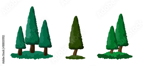 
Evergreen Conifer Trees Collection – Spruce, Fir, Pine, Cedar and Cypress Tree Vector Illustration for Forest, Nature and Winter Landscape Design