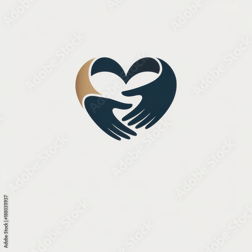 Heart shaped symbol formed by two caring hands in dark blue and warm beige on a clean light background representing compassion support unity kindness protection community and charitable care