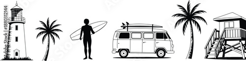 Beach surf lifestyle illustration set featuring lighthouse palm trees surfer silhouette vintage van lifeguard tower coastal summer travel scene
