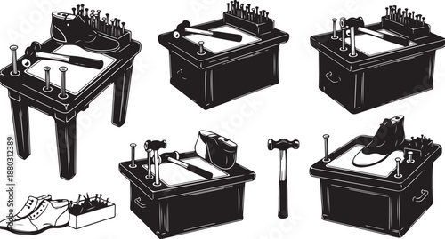 Black and white shoe repair tools and equipment illustration