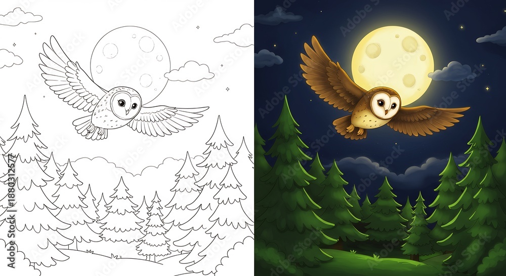 Fototapeta premium Cartoon owl flying under a full moon over a pine forest at night shown alongside its blackandwhite coloring page