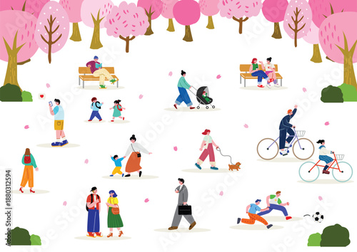 桜の咲く公園で過ごす人々