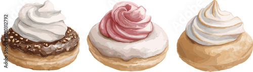 Set of donuts with meringue, isolated on white background, in watercolor vector style.