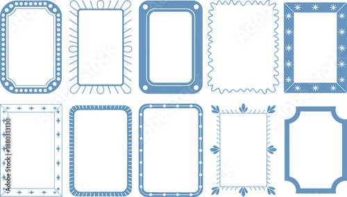 Decorative blue rectangular and oval frames collection with dotted ornate borders hand drawn minimalist vector illustration set isolated background