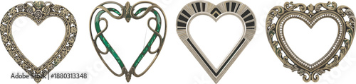 Elegant ornate heart shaped frames collection featuring vintage metallic carved designs romantic decoration isolated background illustration set