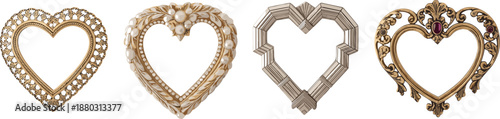 Elegant ornate heart shaped frames collection featuring vintage metallic carved designs romantic decoration isolated background illustration set