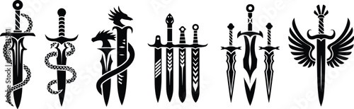 Fantasy weapon illustration set, medieval swords, daggers, serpents, dragons, wings, dark mythology, isolated, detailed, high resolution, concept art, design, collection