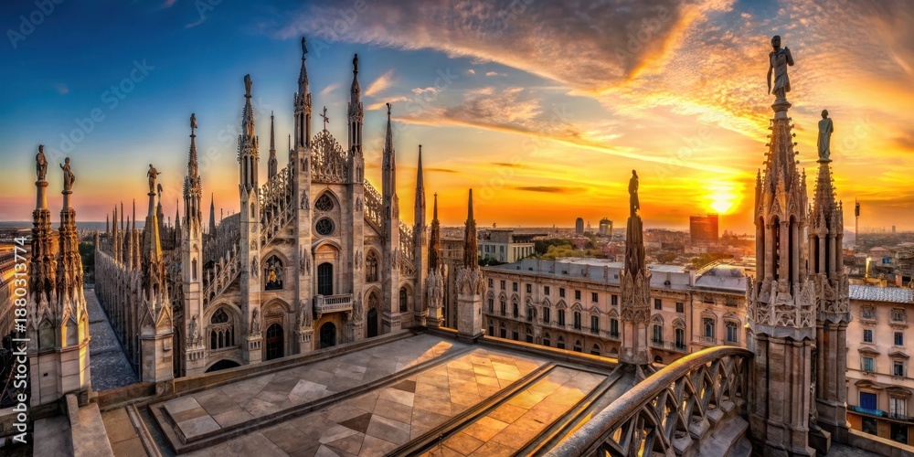 Fototapeta premium Panoramic view from the terraces of Milan Cathedral at sunset