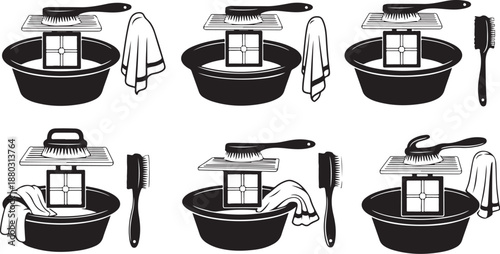 Black and white kitchen utensils and bowls illustration set