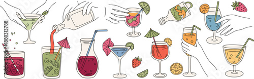 Hand drawn cocktail illustration set with colorful drinks fruits glasses pouring hands summer party bar lifestyle design
