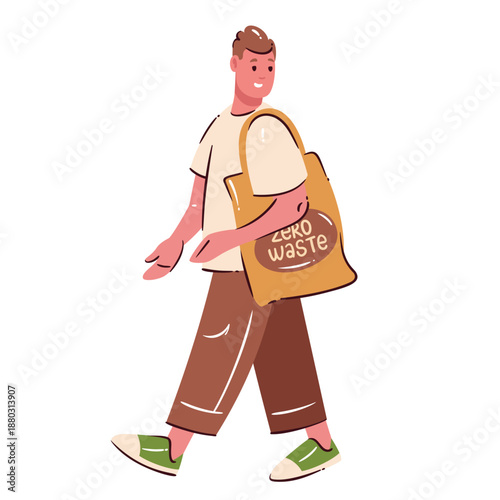 Zero waste lifestyle illustration with smiling man walking, reusable bag with zero waste text, eco shopping habit, sustainable daily choice scene. Cartoon vector illustration.