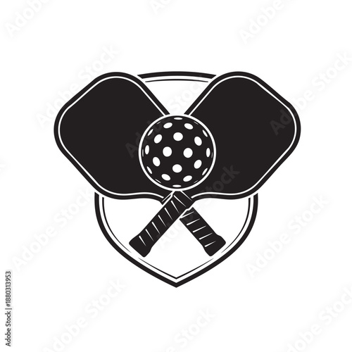Pickleball sports emblem featuring crossed paddles and a ball inside a shield outline logo design for athletic events