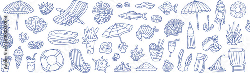 Hand drawn summer beach doodle icons collection featuring umbrellas cocktails shells fish chairs tropical elements vector illustration set outline design