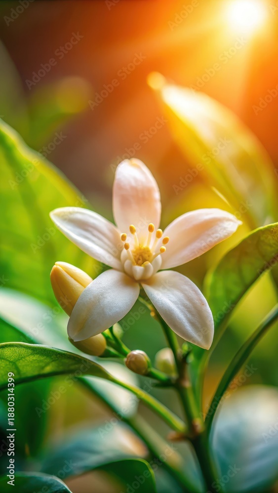 Fototapeta premium Delicate petals of orange jasmine flower unfolding slowly in sunlight