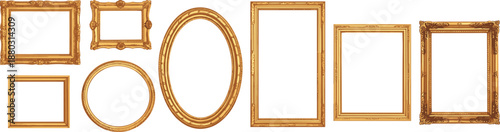 Ornate golden picture frames collection with vintage baroque rococo styles oval rectangular isolated on white background decor illustration luxury set