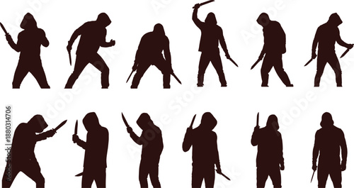 Hoodie holding knife attacking someone various silhouette Collection, individuals wearing hooded clothing, vector illustration.