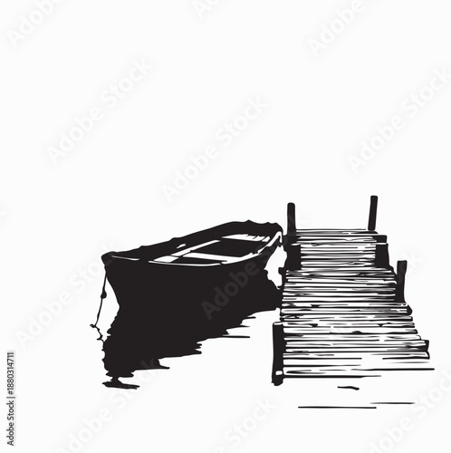Weathered rowboat tied to wooden dock silhouette vector on white background
