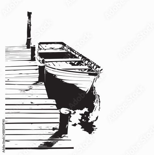 Weathered rowboat tied to wooden dock silhouette vector on white background
