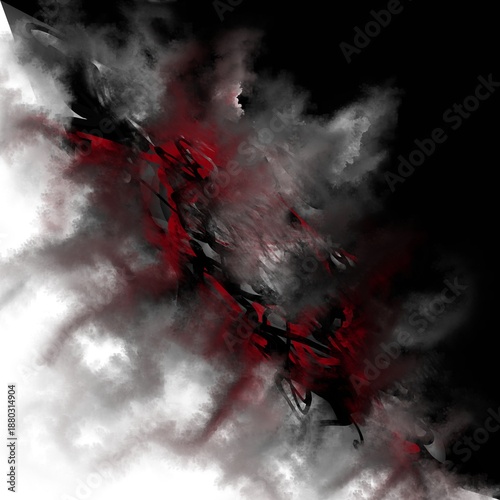 Fotografia Abstract illustration of red and black smoke clashing with chaotic lines on white background, representing entropy and disorder concept