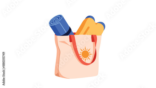 A canvas tote bag with a sun logo filled with a rolled yoga mat and beach essentials, illustrating an active summer lifestyle.
