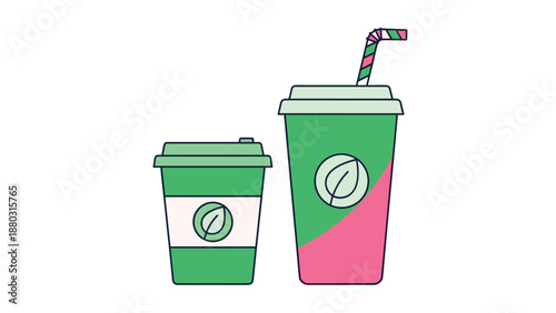 Two colorful to-go cups for coffee or smoothies in different sizes, featuring a green and pink design with a leaf logo for eco-friendly concepts.